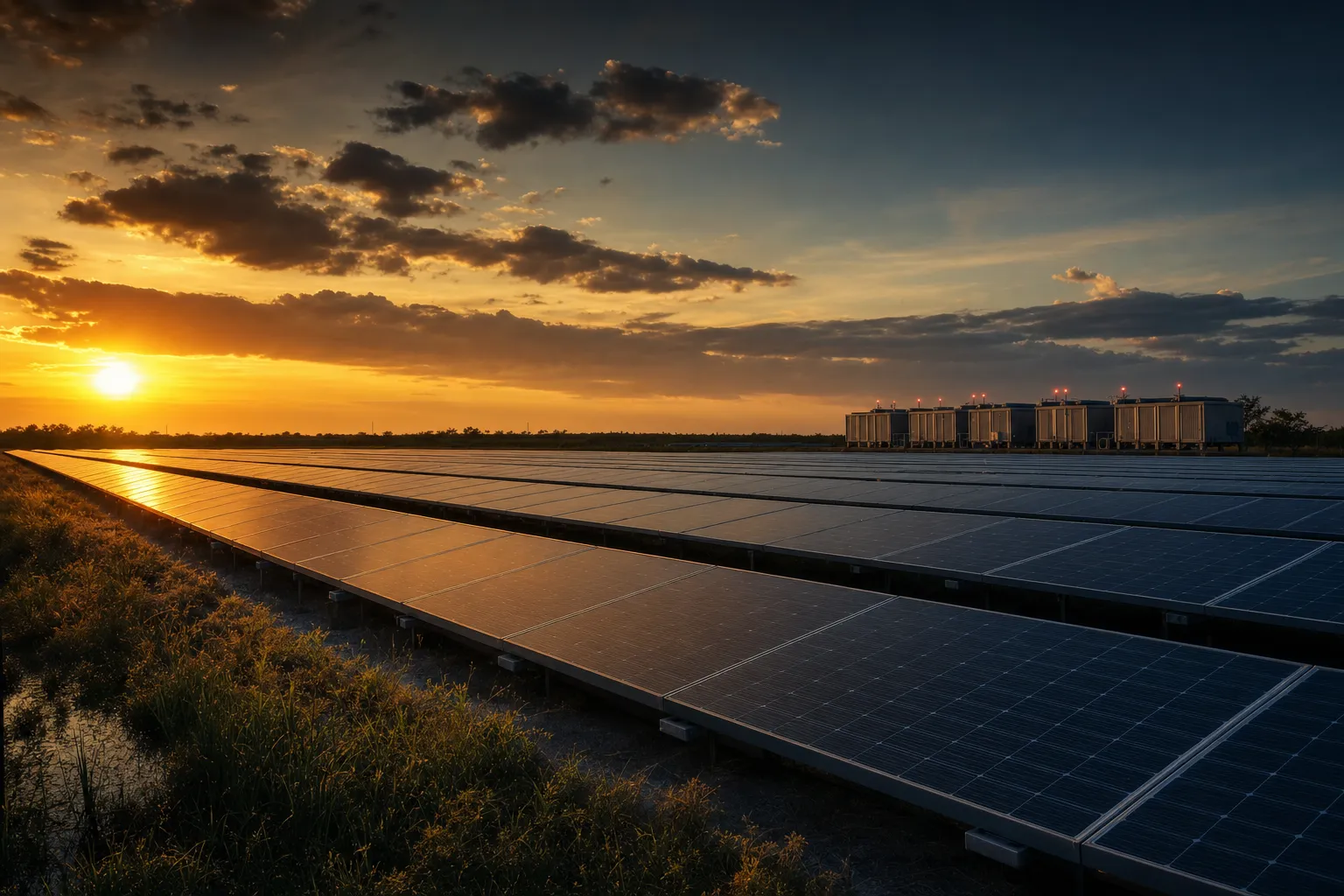Solar panel array at dusk with modular data-center containers on the horizon