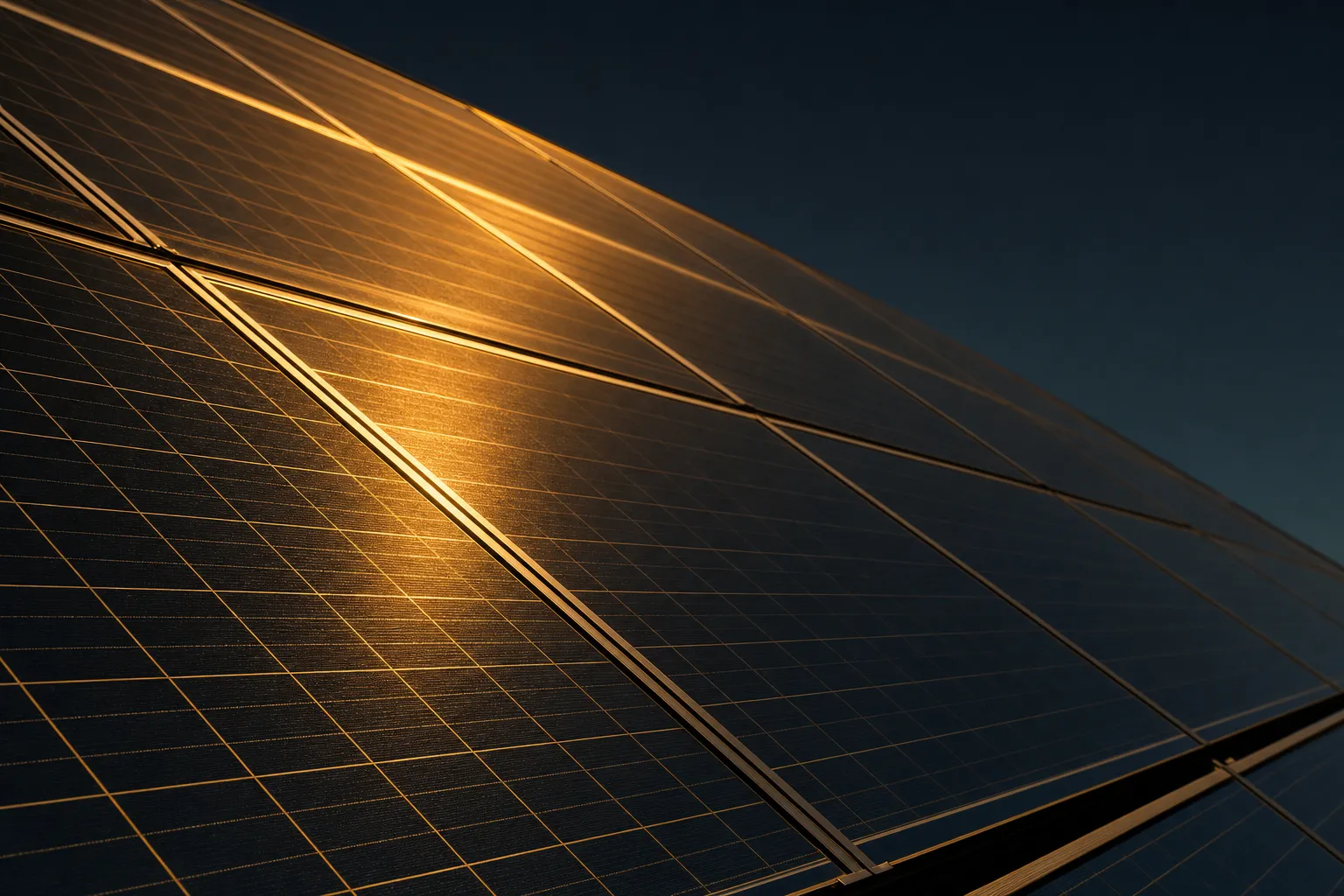 Close-up detail of solar panel cells at golden hour